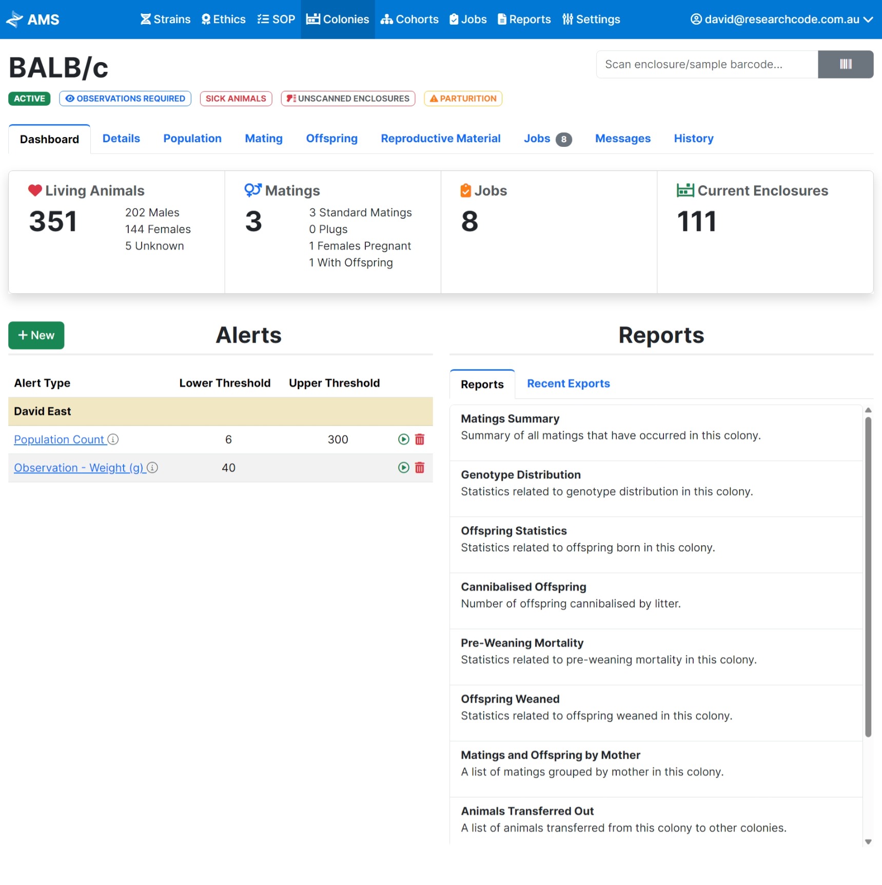 AMS animal facility reporting dashboard