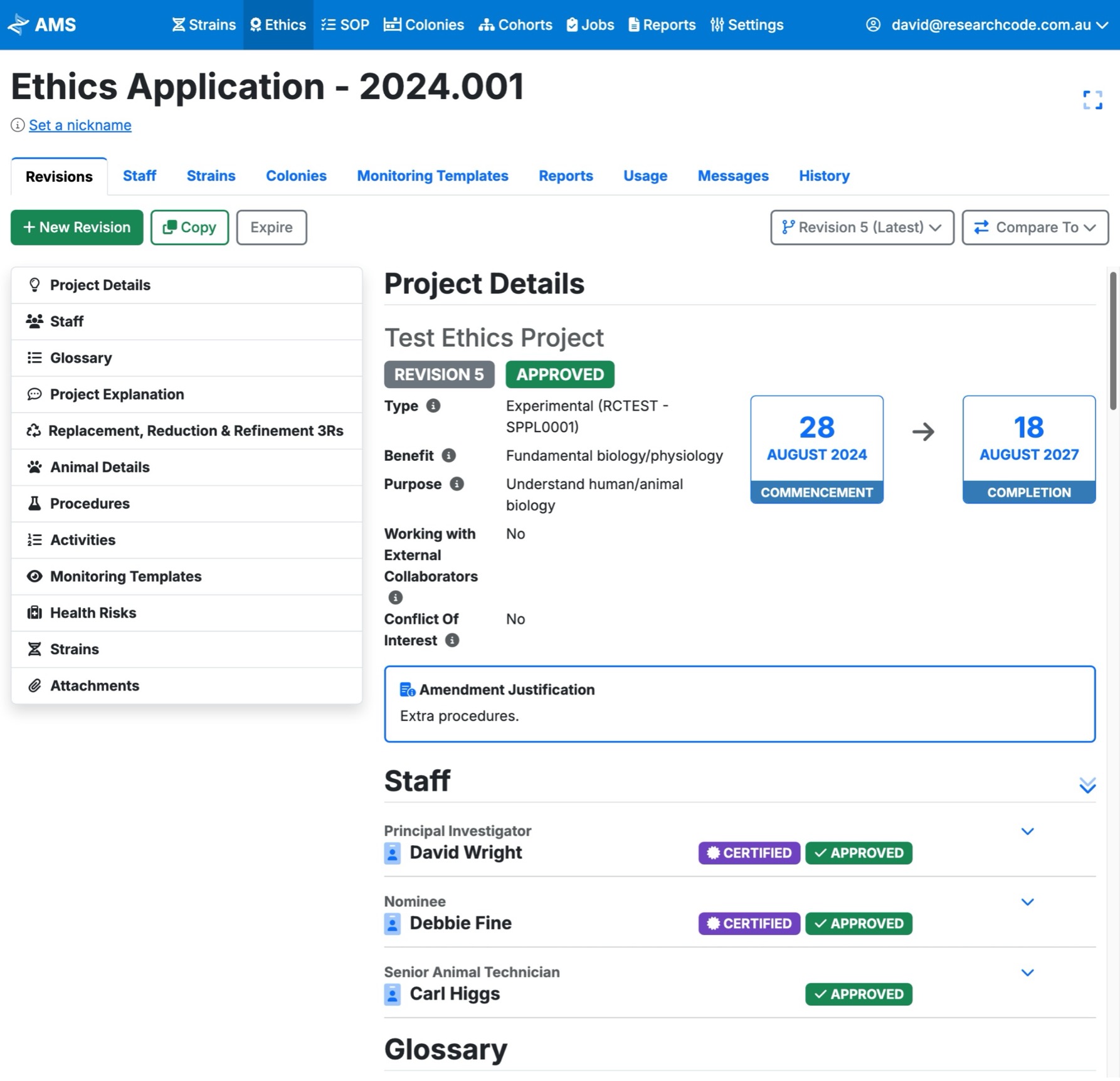 AMS ethics project summary with approvals and project details