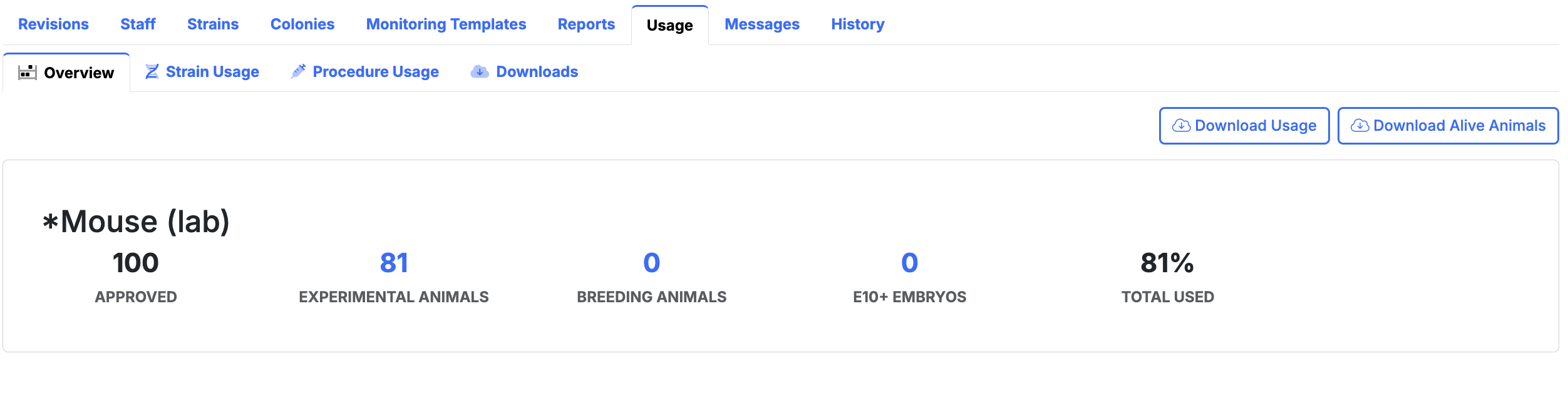 AMS ethics usage and animal use reporting screen