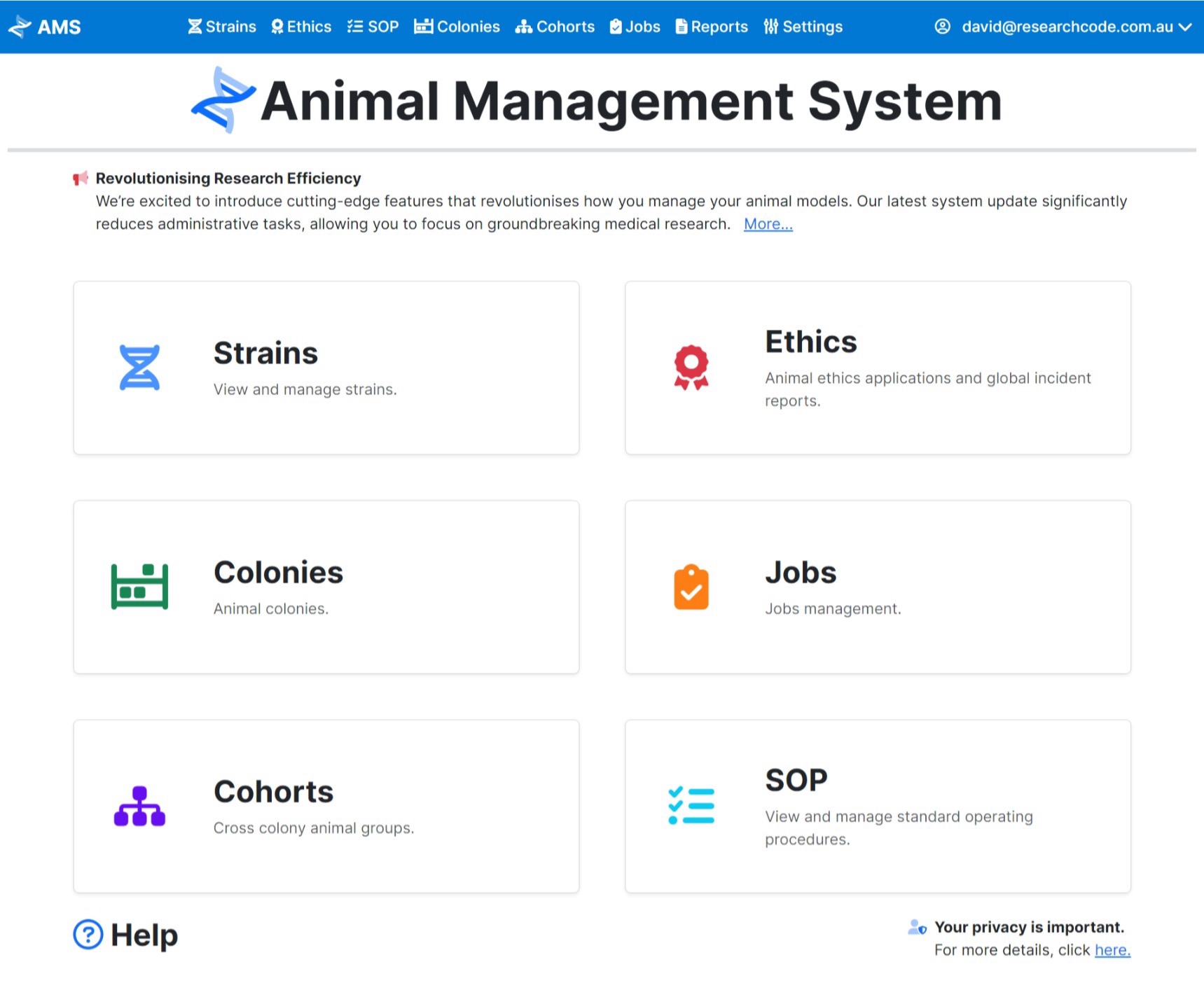 AMS animal management system dashboard for research facilities