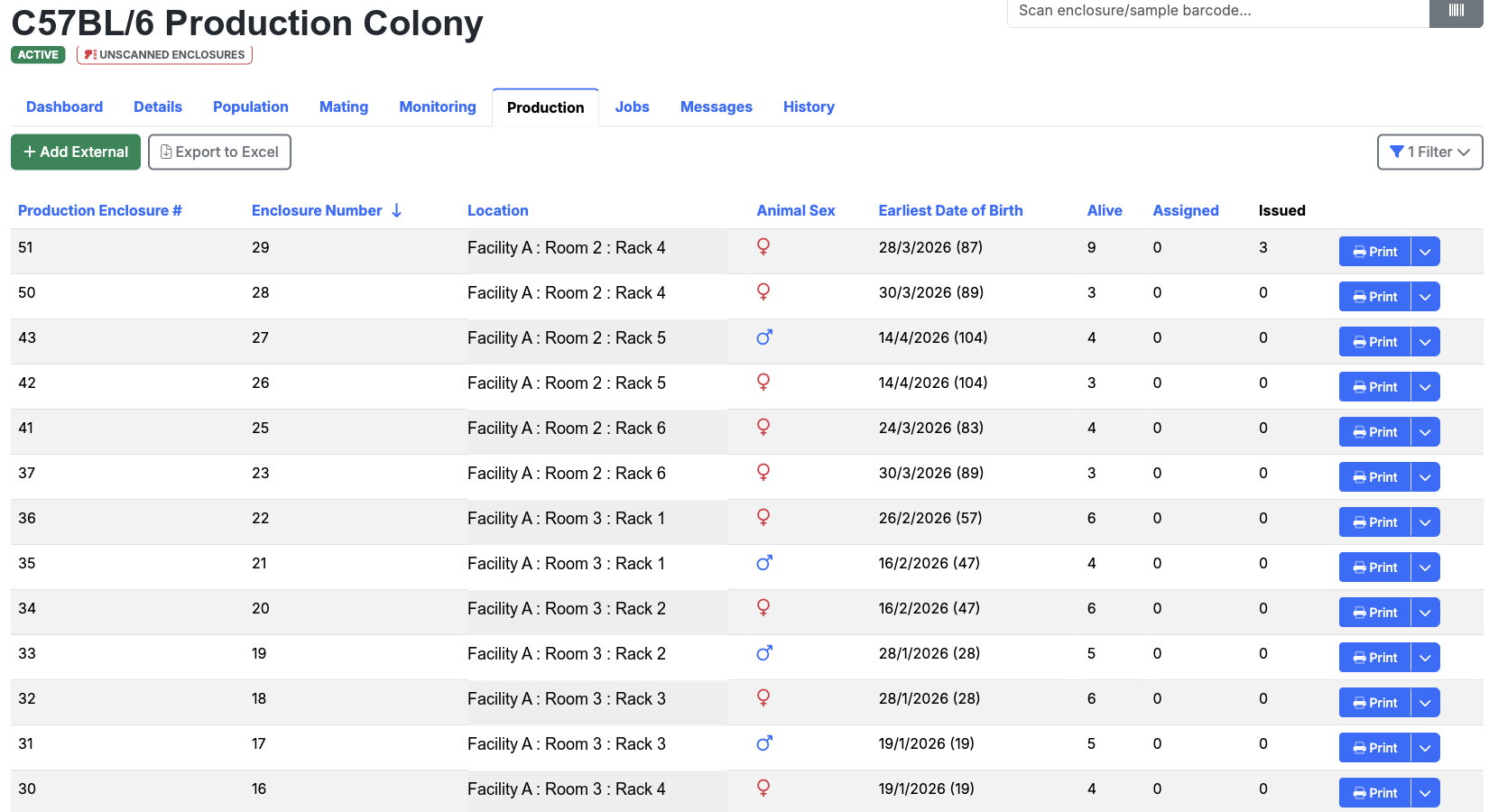 AMS production enclosure list for production colony management