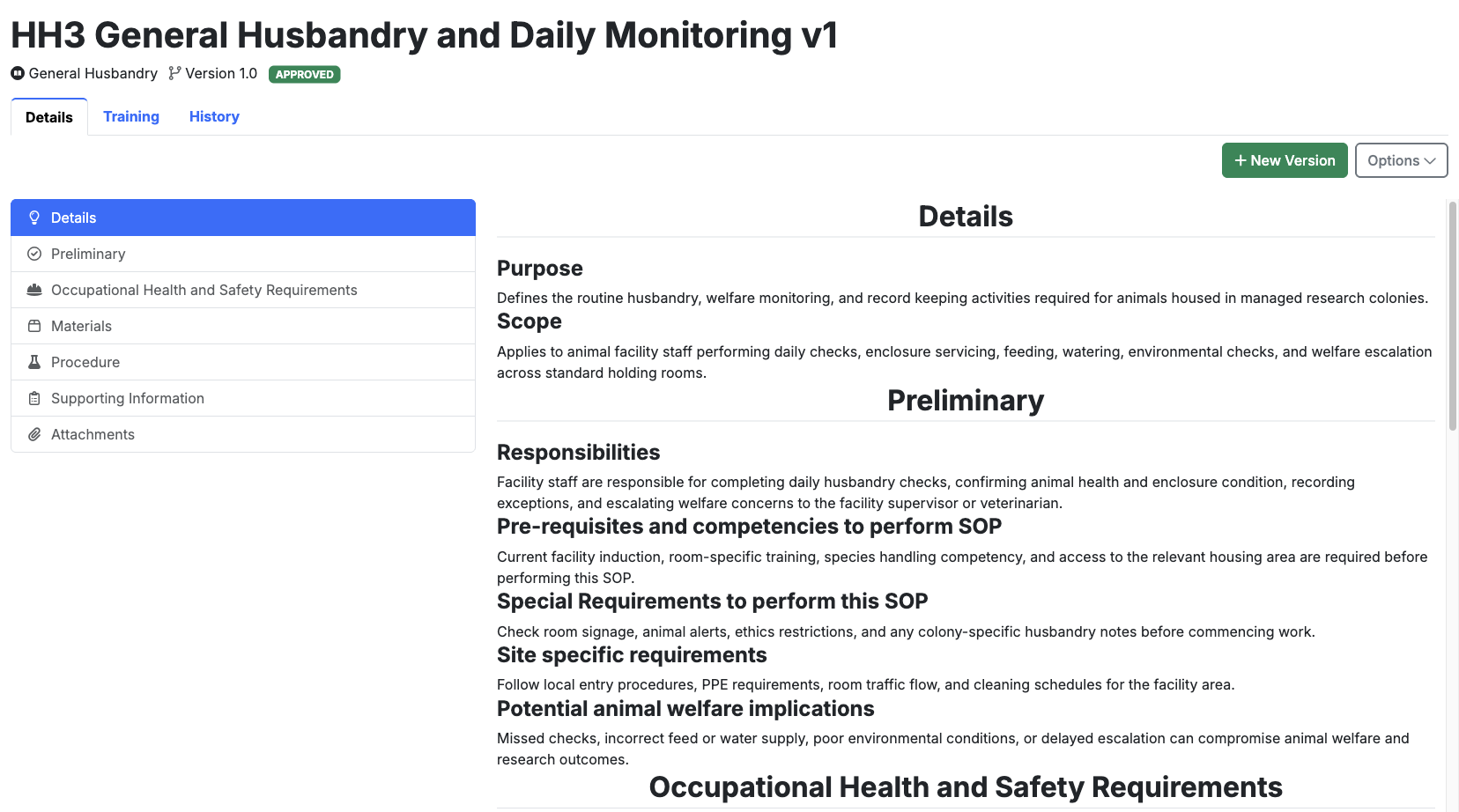 AMS SOP detail screen with linked procedures and training records